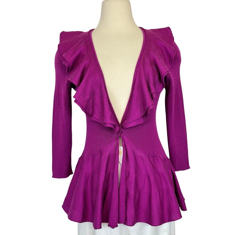ETRO Ruffle Cardigan Sweater Silk Cotton Violet Purple 3/4 Sleeves IT 46 (US10)